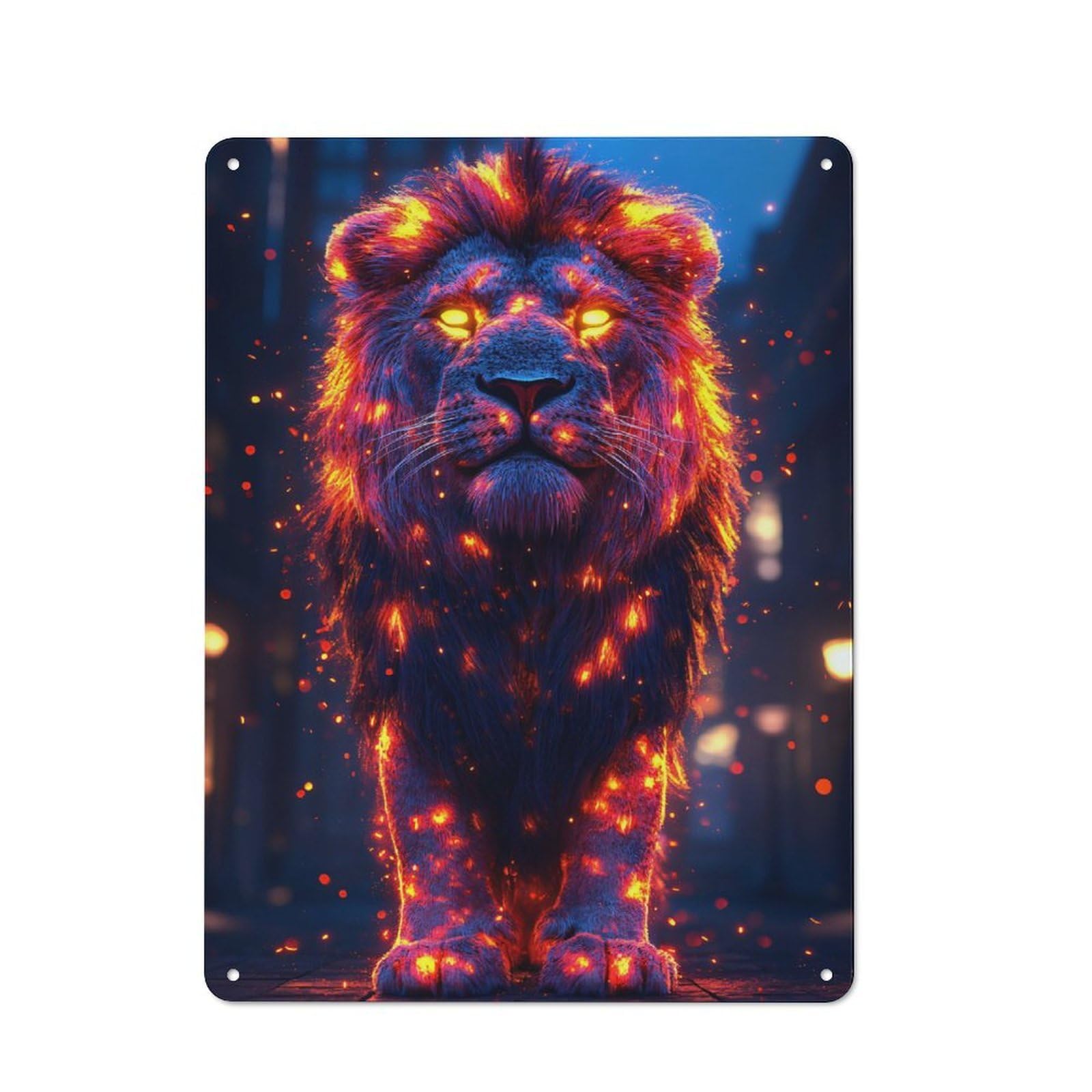 Junmoney Style-13 Rustic Tin Sign 40X30cm Featuring Fiery Lion In Urban Setting For Garage Or Workshop, For Garage, Workshop And Man Cave Decoration