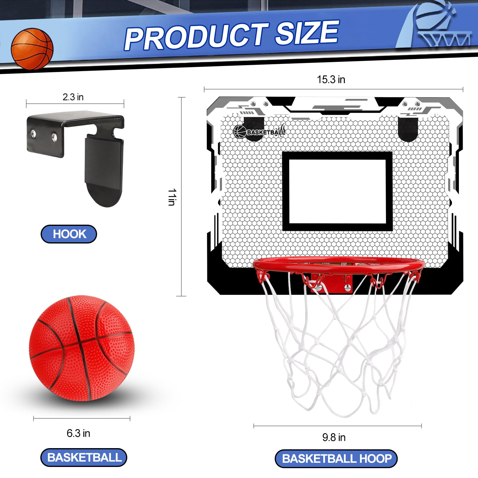 Indoor Basketballkorb Set mit 4 Bällen für Kinder Erwachsene, Basketball hängen an der Tür für Zimmer Büro Schlafzimmer