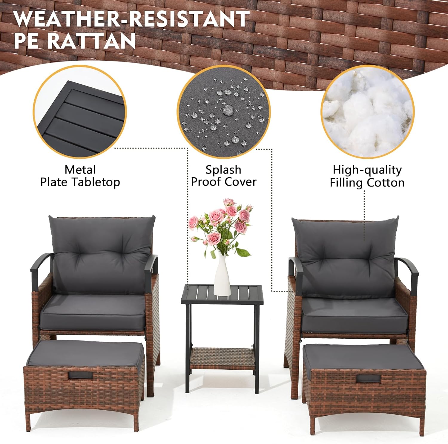 AVAWING 5 Pieces Wicker Patio Conversation Set, Outdoor Rattan Chairs with Ottoman, Metal Coffee Table, & Cushions, Outside Furniture Sets for Garden, Deck, Backyard, Poolside(Dark Grey)