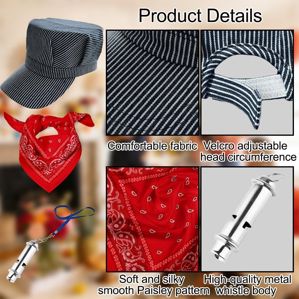 Conductor Hat Adjustable Head Perimeter Size: 18.54inch-21inch(47cm-52cm) Paisley Bandana and Metal Whistle Costumes Accessories 3PCS-Train Conductor Hat Dress Up Kit