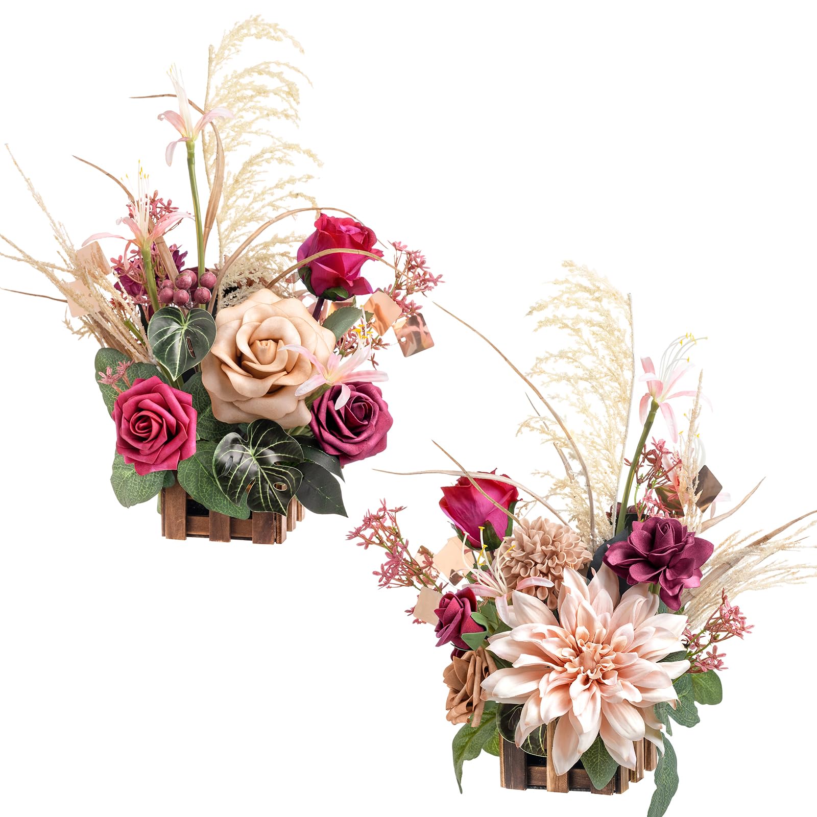 Photo 1 of Ling's moment Magenta Artificial Flowers with Vase Wedding Table Decor Bouquet Centerpiece Flower Potted for Ceremony Reception Tabletop Desk Flowers Mantel Archway Aisle Set of 2