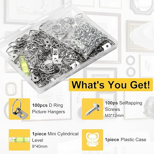 Miniatura 3 de 100 anillos en D para colgar fotos, ganchos en D para colgar fotos, accesorios pequeños de anillos en D con mini nivel cilíndrico, ganchos para