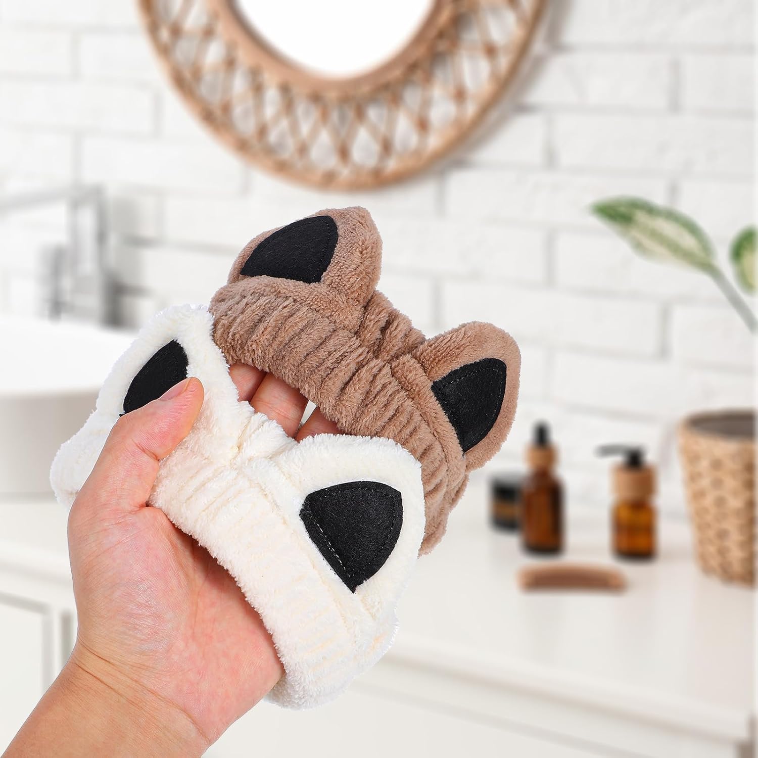 2 Pack Cat Ear Spa Headband Wrist Band Set Cute Animal Face Wash Headbands Washing Face Elastic Fluffy Headband Soft Coral Fleece Hair Accessory for Women Girl Stuff Makeup Skincare Cosmetic Christmas - Image 6