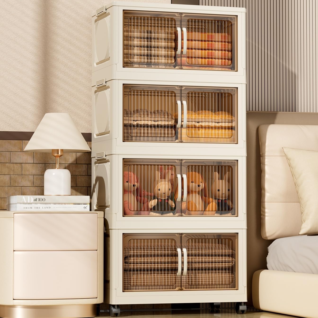 wookon213Quart Storage Bins with Wheels-Magnetic Plastic Storage Bins,4 Tiers Storage Bins,Beige Closet Organizers and Storage,Dual Open Collapsible Storage Bins