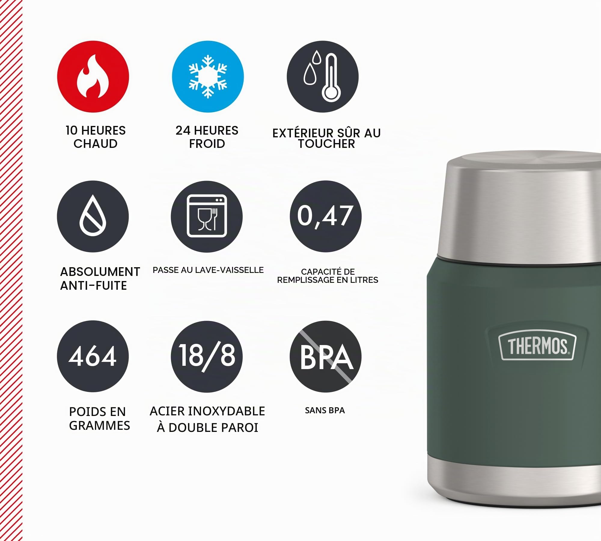 Thermos Icon Food Jar Pot alimentaire en acier inoxydable 18/8 à double paroi Vert mat/forêt avec cuillère pliable et fond antidérapant 0,47 l