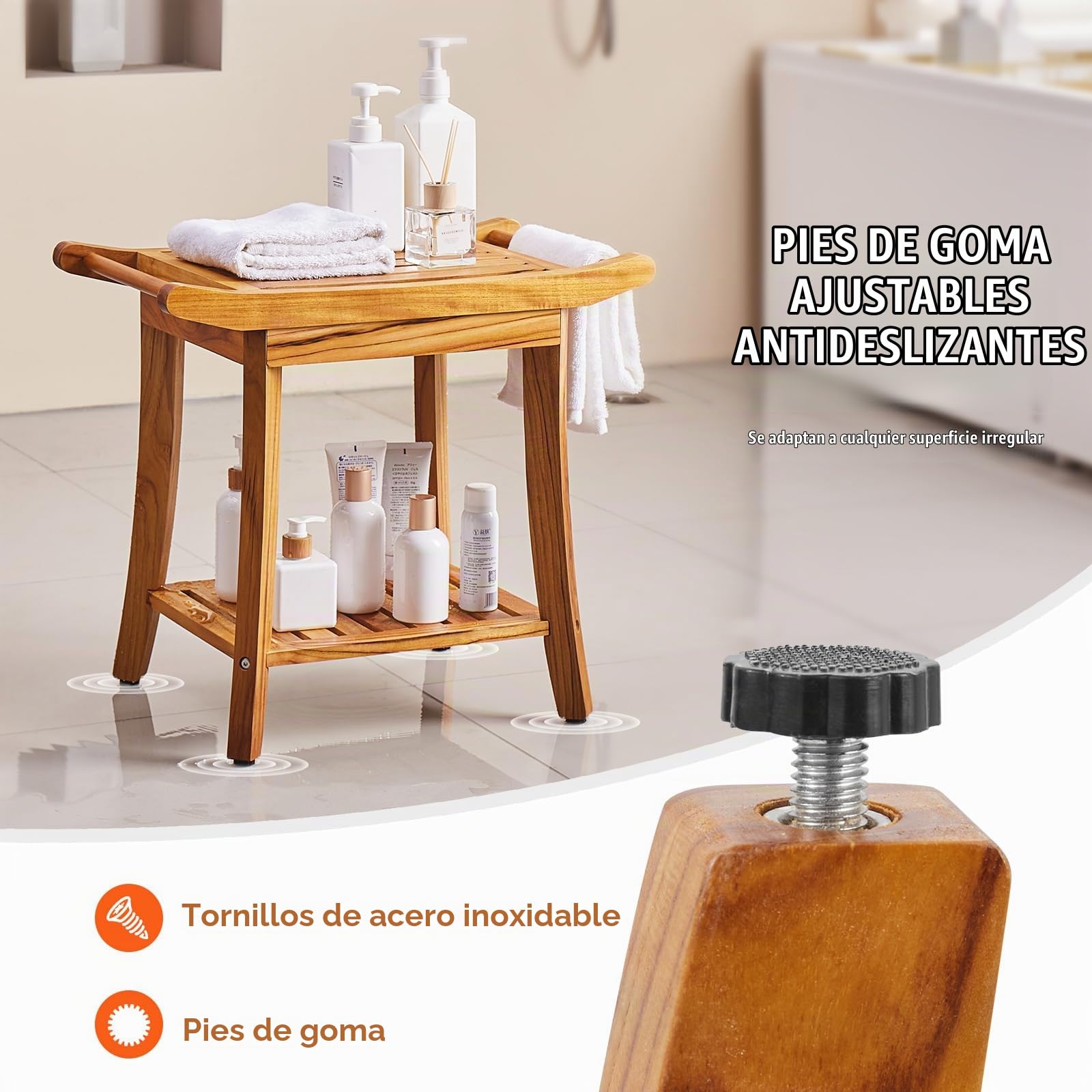 VEVOR Banco de Ducha de Teca de Madera Resistente al Agua con Estante de Almacenamiento, Asa y Patas Antideslizantes, Carga Máxima de 136,1 kg, para Uso en Interiores y Exteriores 560 x 365 x 470 mm