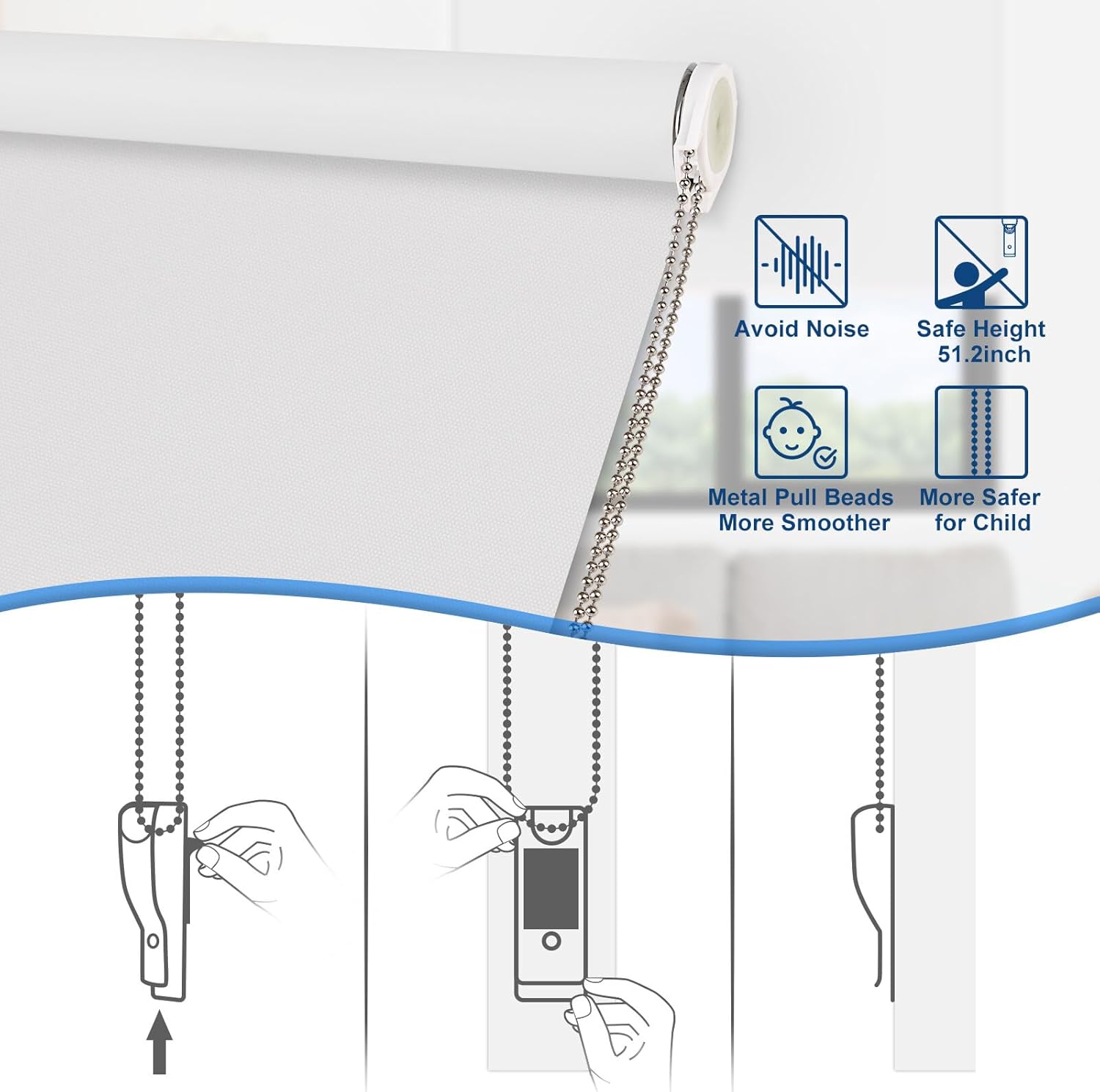 Grandekor 100% Blackout Roller Shades, Pull Down Shades for Window Thermal Insulated UV Protection Waterproof Blackout Fabric, Chain Corded roll up and Down Blinds,34x72,White