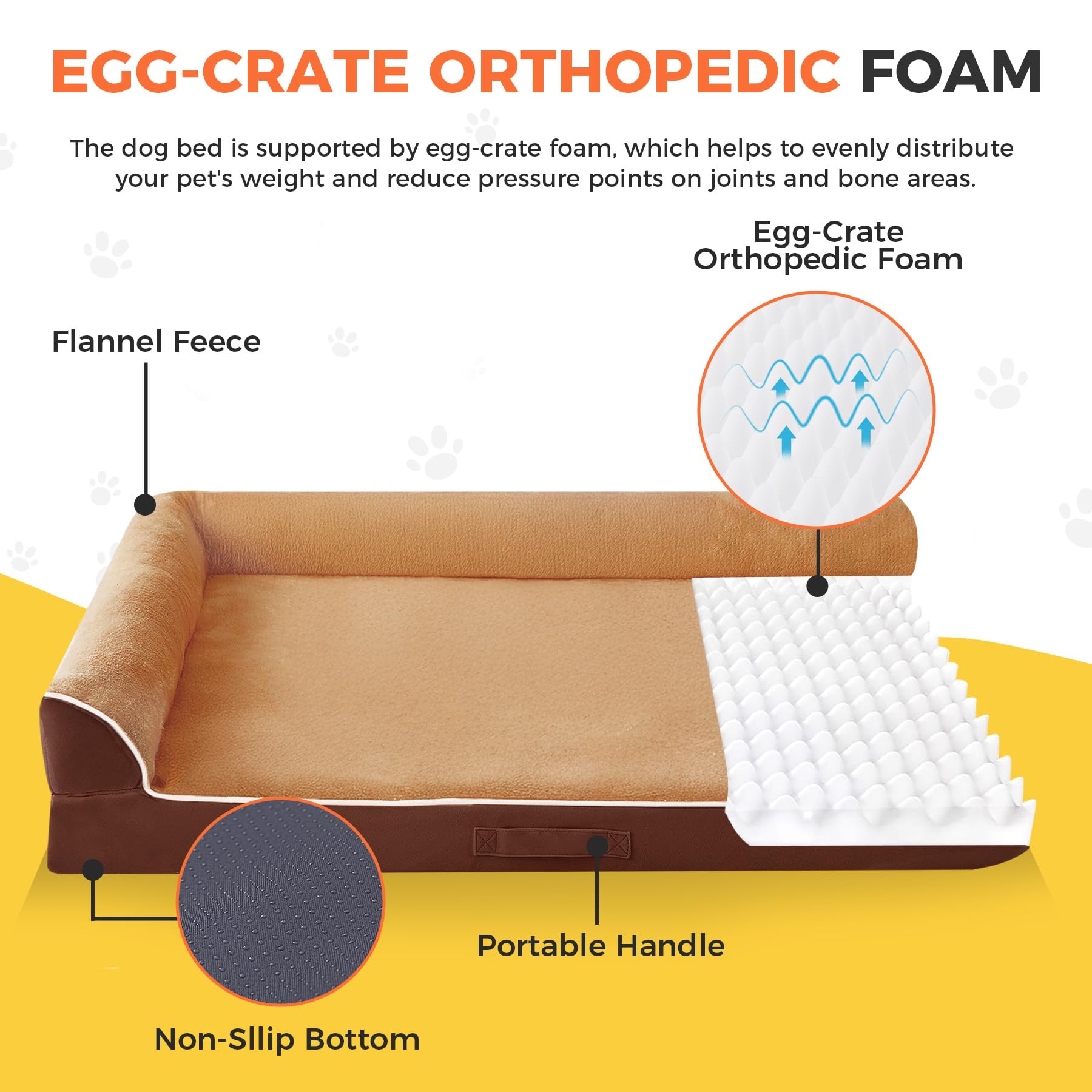 Dog Bed Large Sized Dogs, XL Orthopedic Dog Bed for Large Dogs, Waterproof Pet Bed with Washable Removable Cover, L-Shaped Pet Couch with Portable Handle 42"x30"x7.5", Brown - image 2