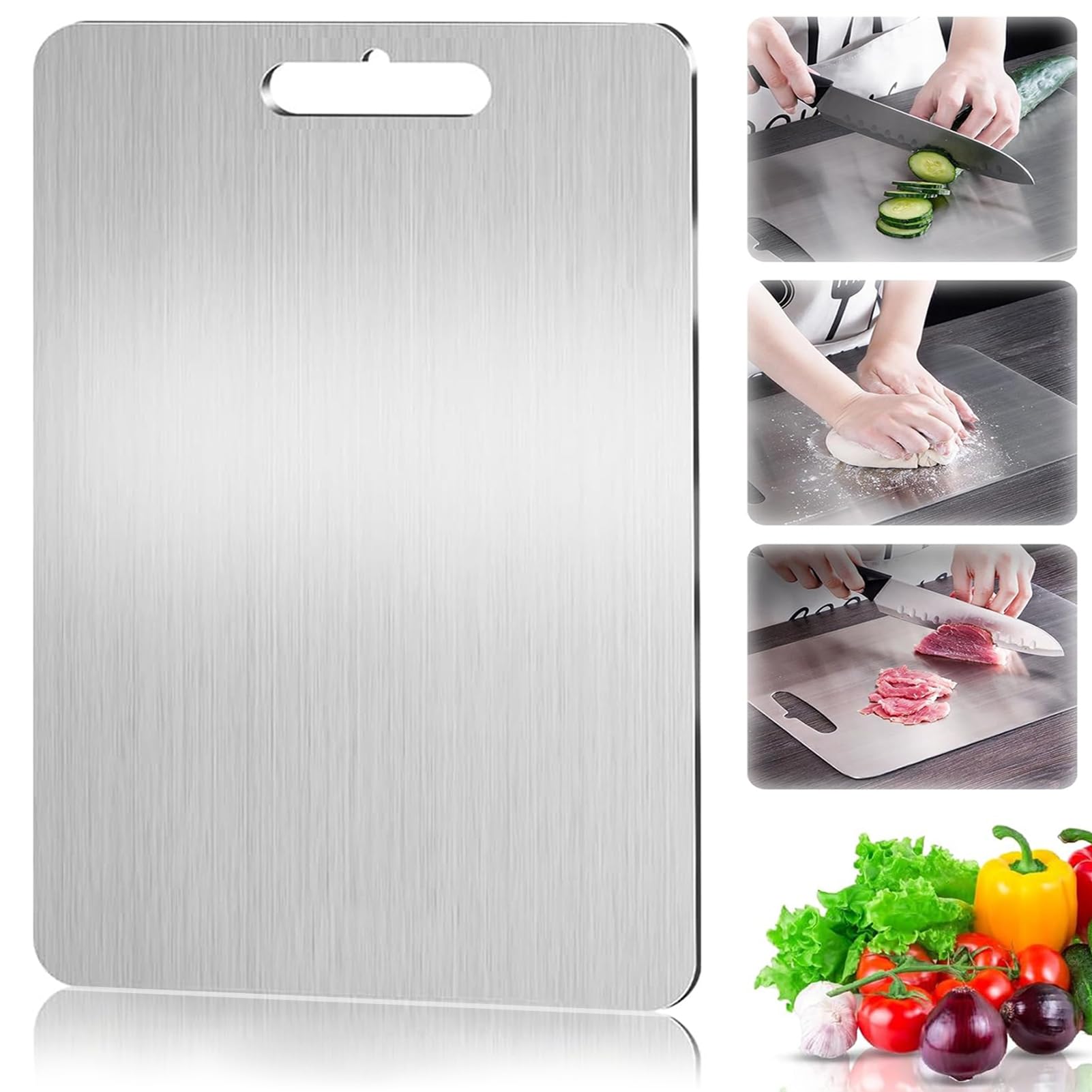Tagliere In Titanio E Acciaio Inox – 34x23 Cm, Doppio Lato (Liscio Per Verdura/Rigato Per Carne), Leggero, Facile Da Pulire Con Foro Per Appendere - 6