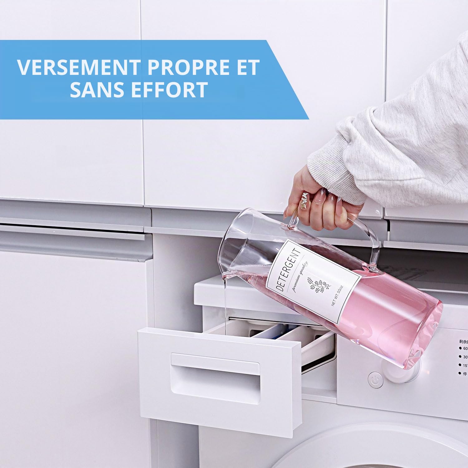 Lot de 2 distributeurs de détergent à lessive avec étiquettes et poignée pour l'organisation et le rangement de la buanderie - Facile à verser - 1,417,5 g - Pour décoration de buanderie,