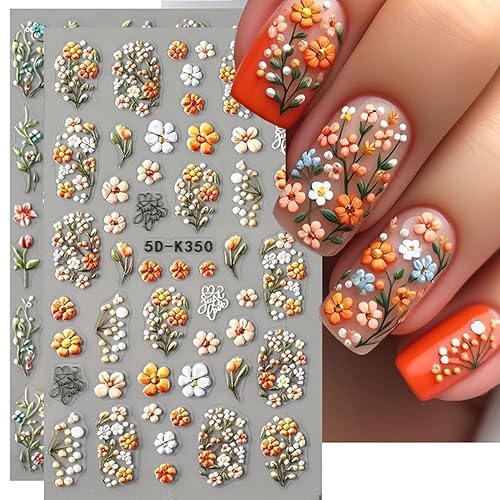 5D Embossed Flowers Nail Stickers Decals - 2PCS Flower Art