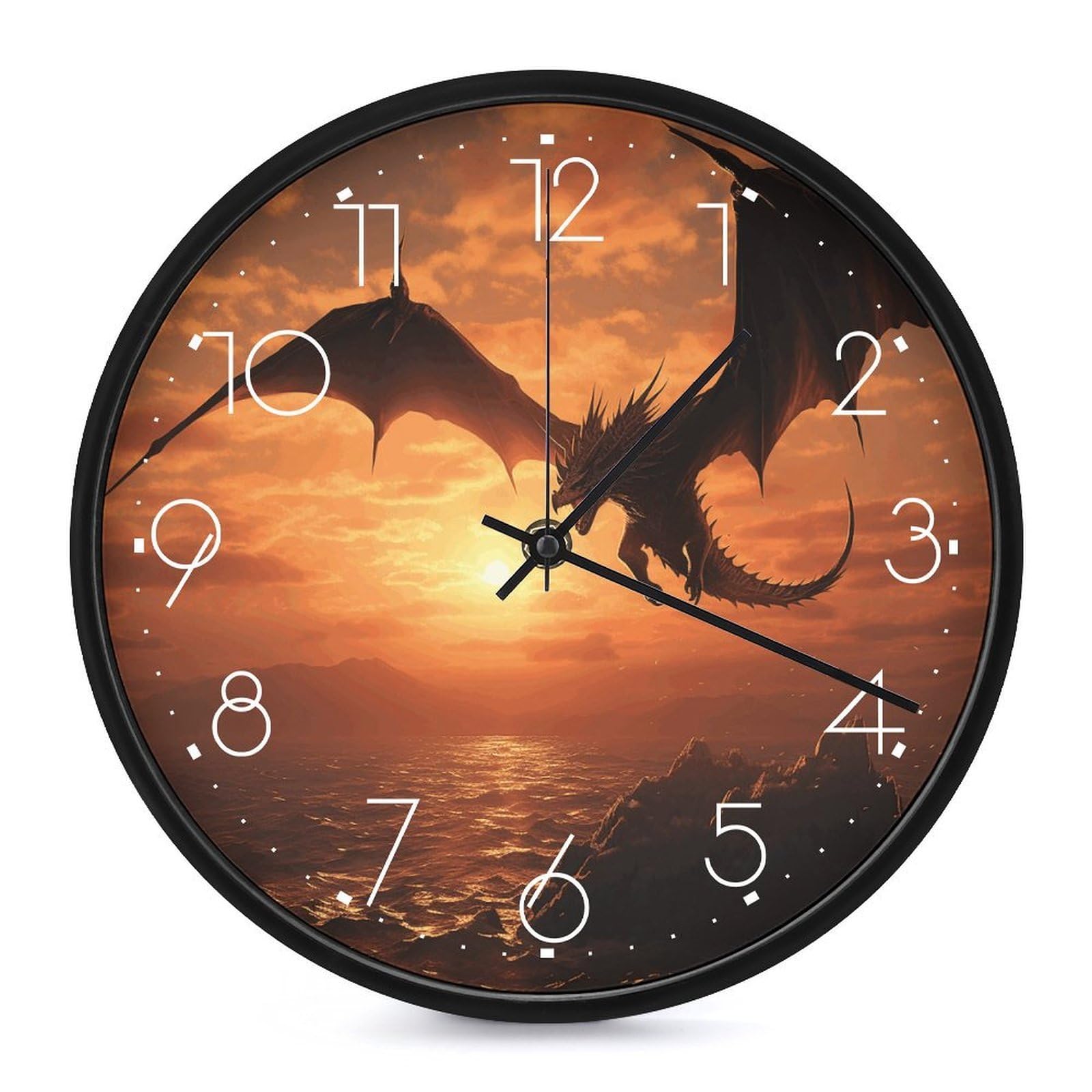 Adfgyerh White-Style Sea Sunset Flying Dragon Clock，9.8 Inch Battery Operated Wall Clock Classic Simple, Decorative Wall Clock.analog Clock For Kitchen Office Bathroom Bedroom.