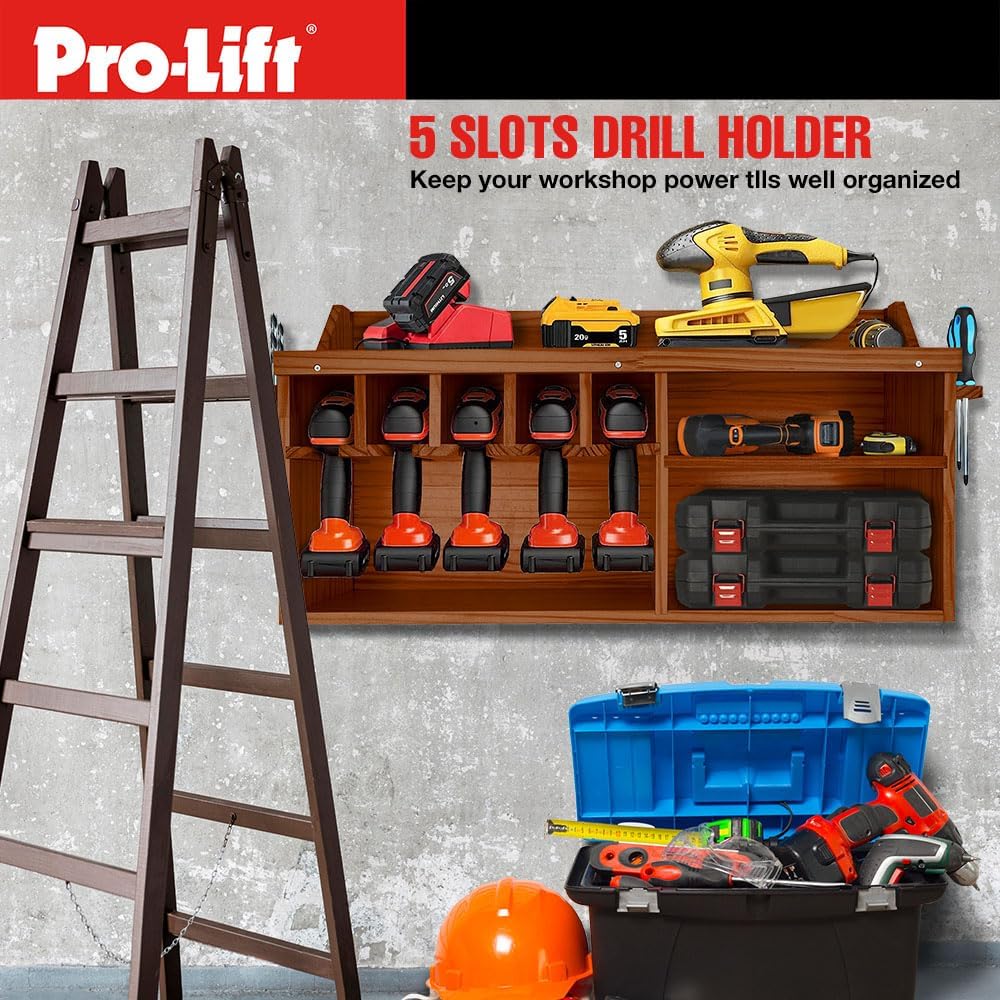 Pro Lift Cordless Drill Organizer – wall mount power tool storage rack, 5 hanging slots, wooden M-004W2