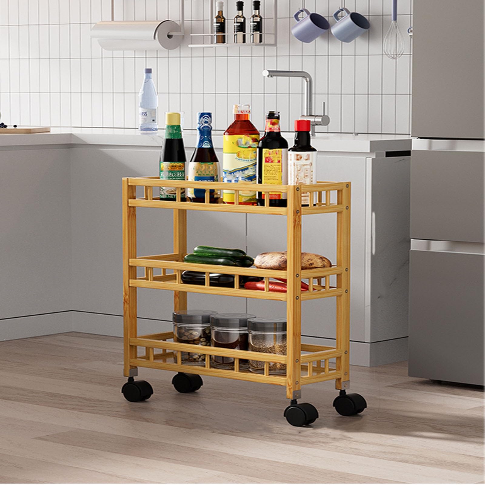 Carrello di laminazione del bambù Sottile 3 Tier Space Saving Utility Trolley con Ruote per la Stretta Gap Cucina Bagno Lavanderia Organizzatore Rack Mobile Scaffalatura