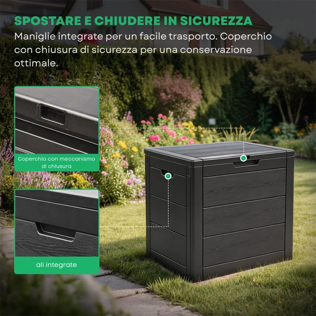 Mobiclinic®, Baule da Esterno, 120L, in Resina, per Giardino, Patio, Balcone, 56x43x53 cm, Impermeabile, Coperchio Incernierato, Chiusura a Scatto, Maniglie, Montaggio senza Attrezzi, Boxly