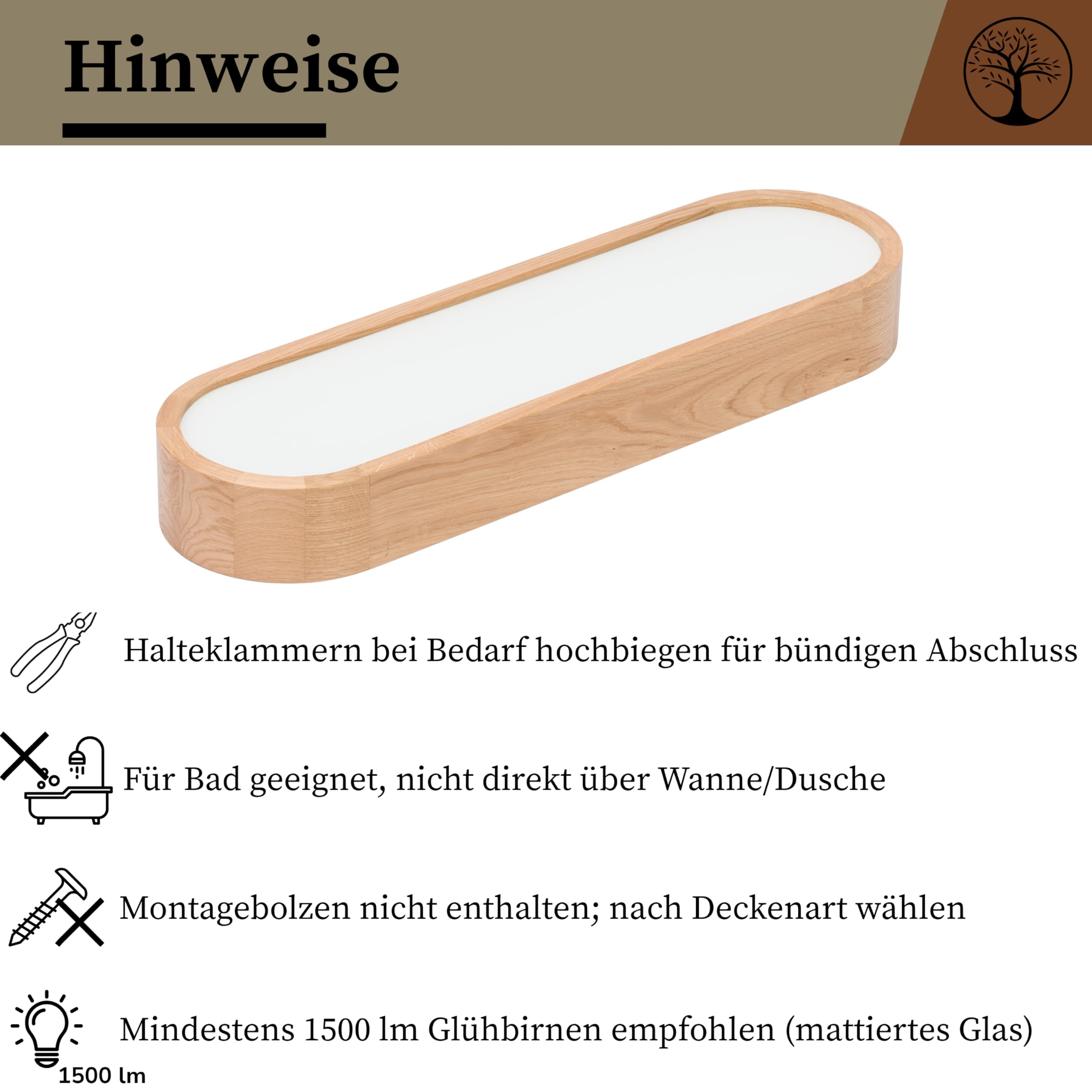 Deckenlampe - Oval Holz Deckenleuchte Eiche 3xE27 (68x20 cm) - Modern Beige Lampe für Schlafzimmer, Wohnzimmer, Flur, Küche - Stilvolle Eichenholz LEJA