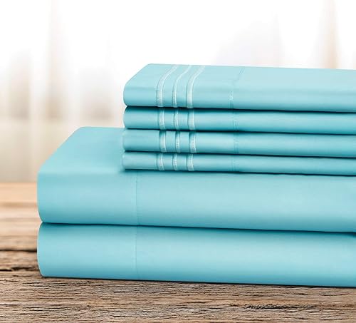 BYSURE Juego de sábanas de hotel de 6 piezas (tamaño matrimonial, azul aguamarina), juego de sábanas de microfibra de 15 pulgadas con fundas de