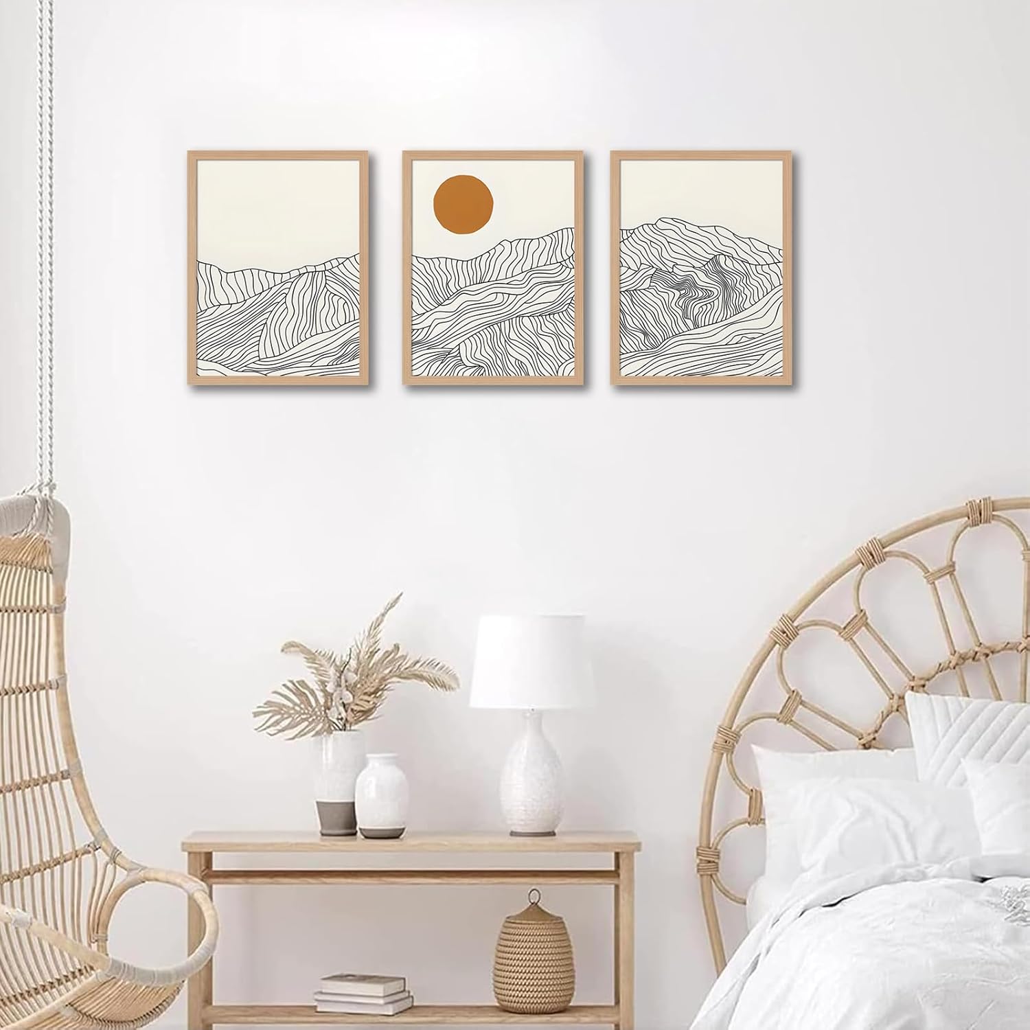 soonkiss Abstract Boho Sun Wave Line Mountain Landscape Wall Art Set of 3, Minimalist Beige Geometric Line Drawing Triptych with Light Wooden Frame for Living Room Bedroom 12x16 Inches