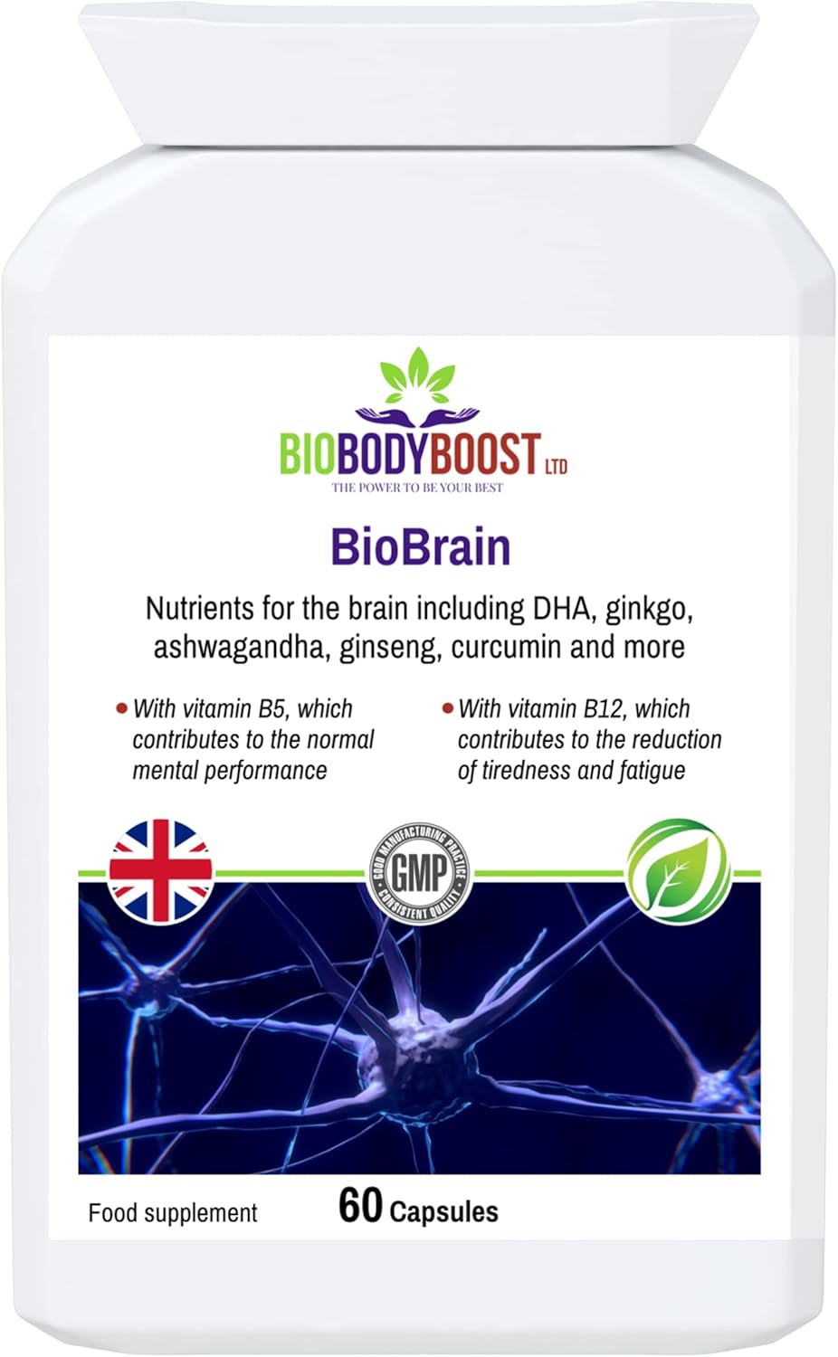 BioBrain | Mental Performance Brain Supplement Plus Energy and Immunity Support | Korean Panax Ginseng, Guarana, Bacopa Monnieri, Ginkgo Leaf, Ashwagandha, Green Tea | 60 Vegan Capsules