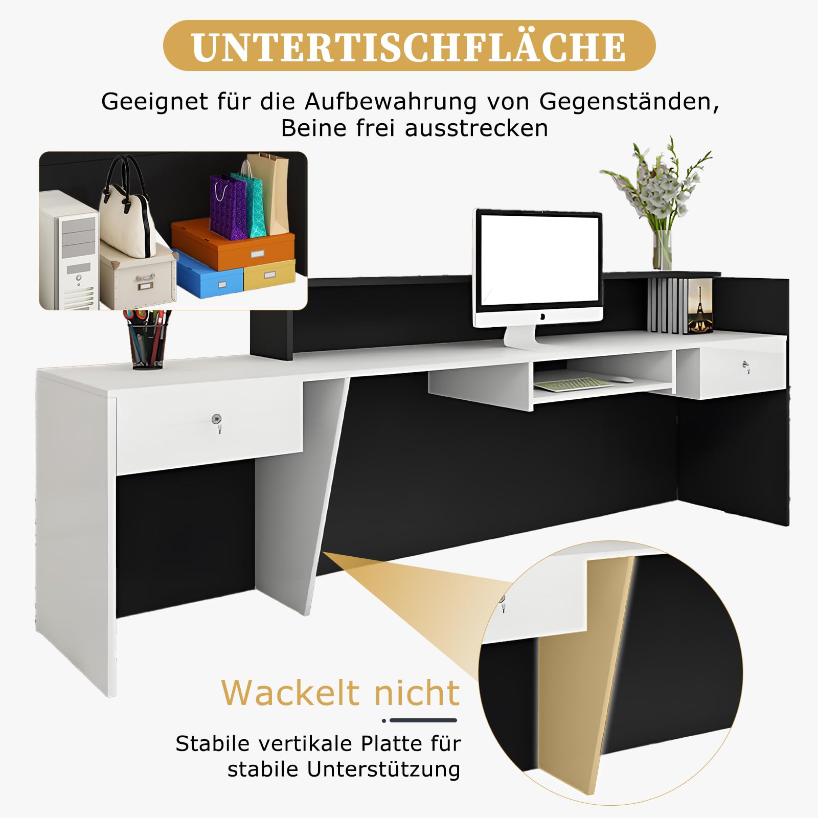 Empfangstheke mit Stauraum und offenen Fächern, Empfangstresen für Empfang, 100–240 cm Tresen für Geschäft, Salon, Studio, Empfangsbereich & Kasse