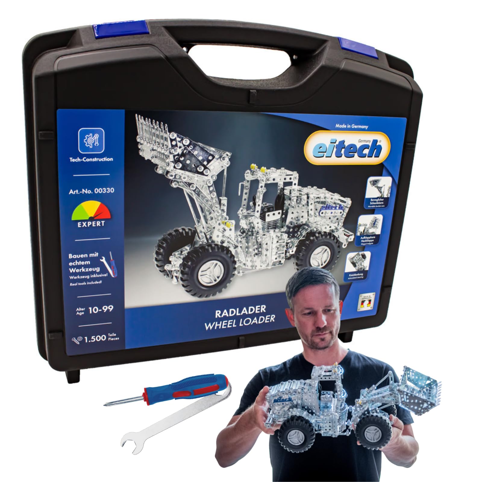 Eitech Radlader XL - Metallbaukasten 00330, 1.500 Bauteile, Länge 43cm | Konstruktionsspielzeug für Jugendliche und Erwachsene, Baustellenfahrzeug selber bauen, Stabilbaukasten, Konstruktor Metall