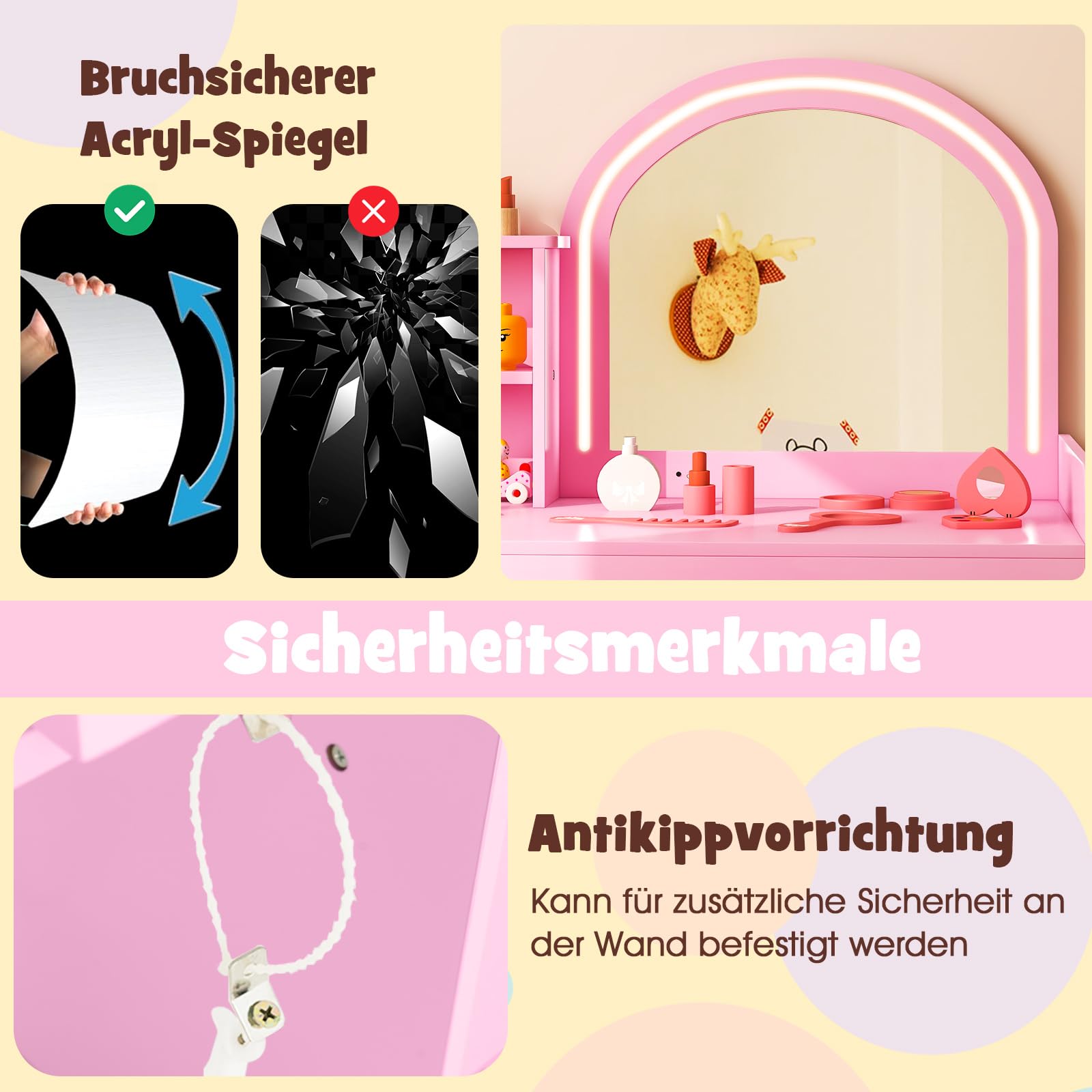 GOPLUS 2 in 1 Schminktisch für Kinder, Schminktisch- & Stuhl mit Regale, Schublade & Schrank, Prinzessin Frisiertisch mit Spiegel & zweifarbigen LED-Lichtern, für Kinder ab 3 Jahren (Rosa)