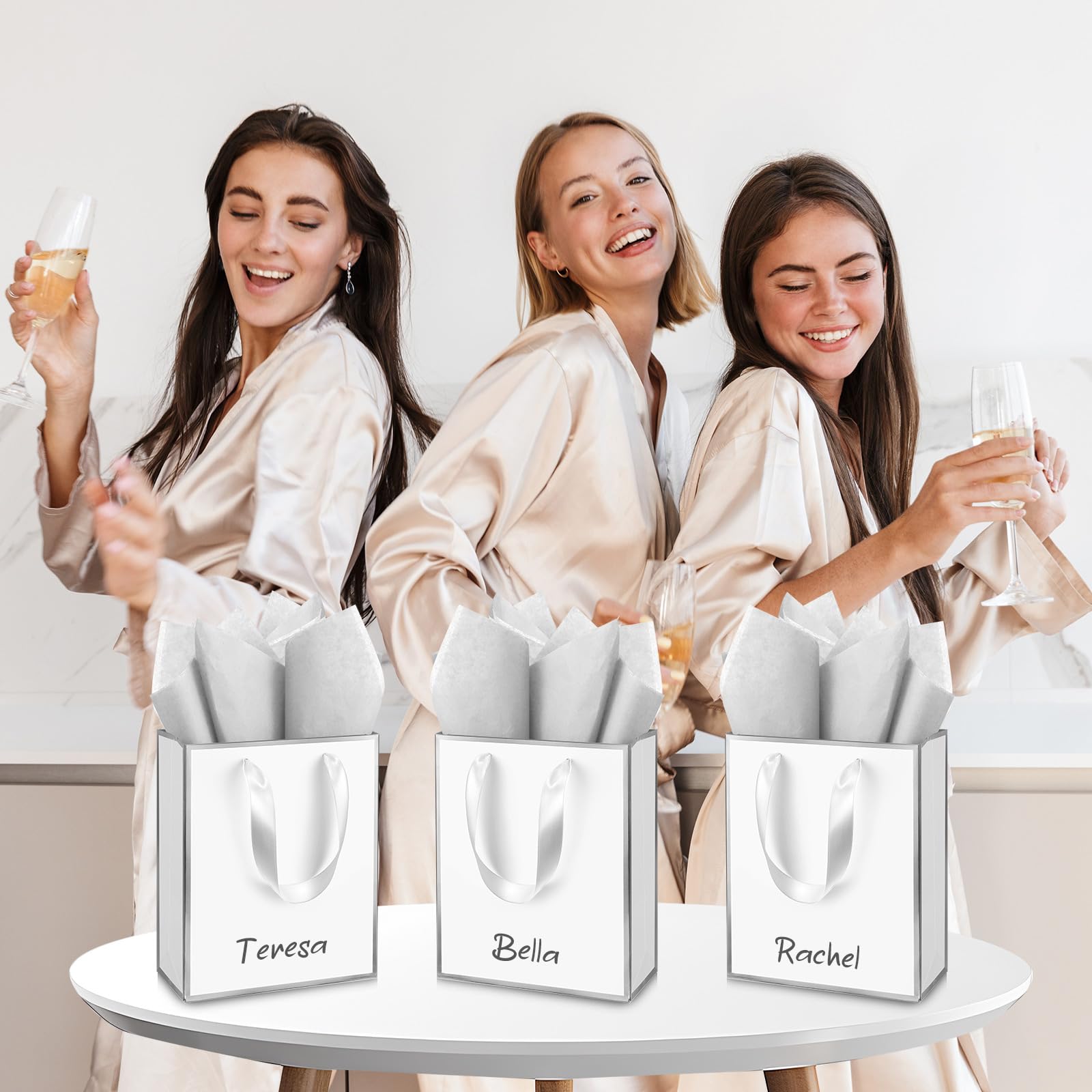 Yeaqee 50 Pack Metallic Gift Bags with Handle and Tissue Paper Gold Foil Thank You Bag for Graduation Wedding Groomsmen Bridal Baby Shower Gifts Holiday Party Favors 9x7x3.15'' (White Silver)