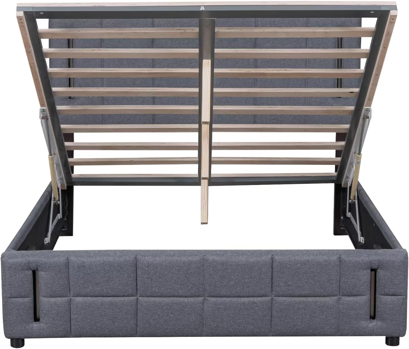 Merax Lift Up Storage Bed with Power Outlets, Queen Bed Frame, Wooden Slat Support/No Box Spring Needed, Grey