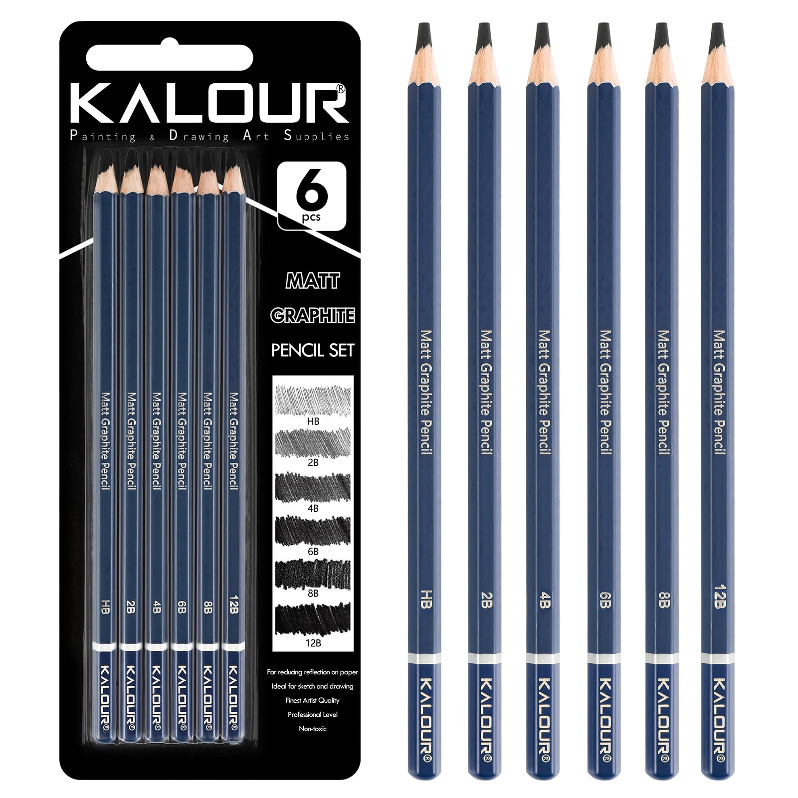 KALOUR PDAS Professional Drawing Pencils for Sketching - 6 pcs Matte Graphite Art Pencil Set (HB to 12B) for Shading, Beginners & Pro Artists