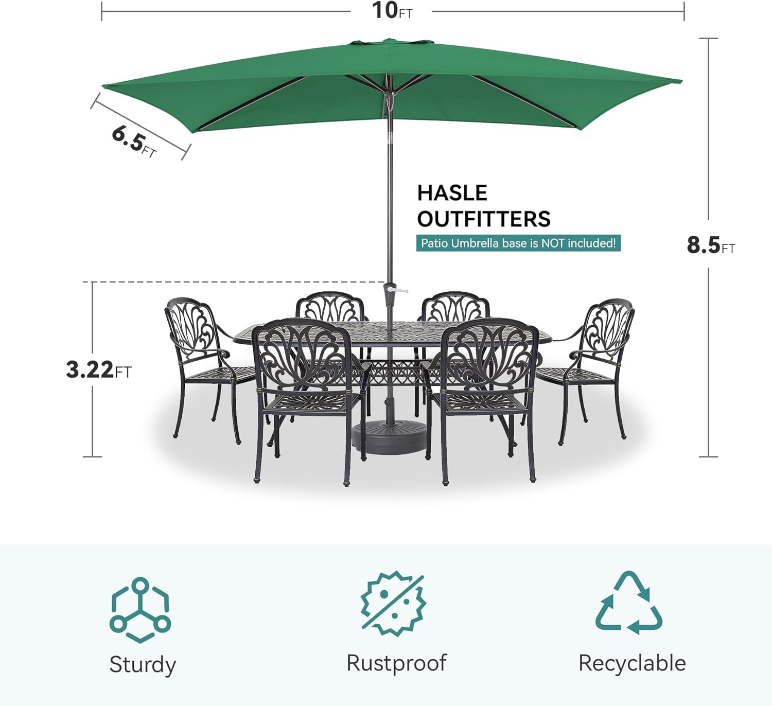 HASLE OUTFITTERS Rectangular Patio Umbrella, 6.5 x 10 ft Rectangle Table Umbrellas w/Heavy Duty Ribs, Effortless Crank and Push Button Tilt, Wind Resistant Sun Umbrella for Outdoor Patio, Dark Green
