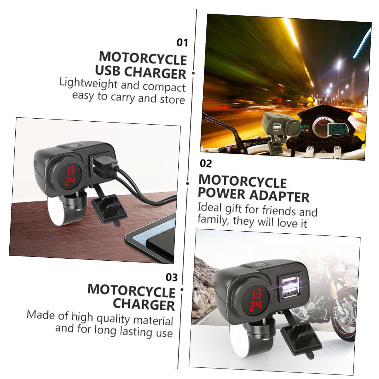 Anneome Motorcycle Power Adapter 12v/24v Fast Charging Compact Display Easy Installation for Bikers