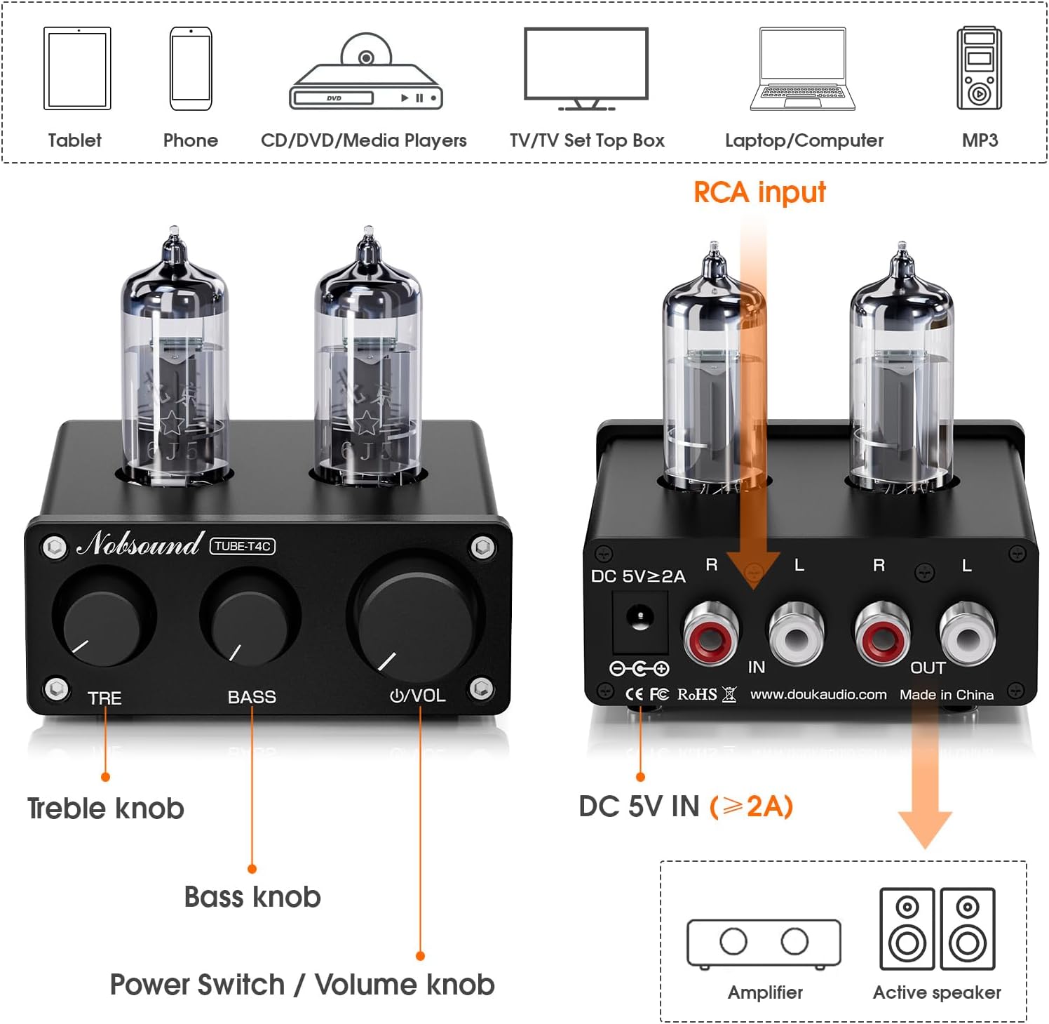Front and rear panel diagram of the Nobsound TUBE-T4C