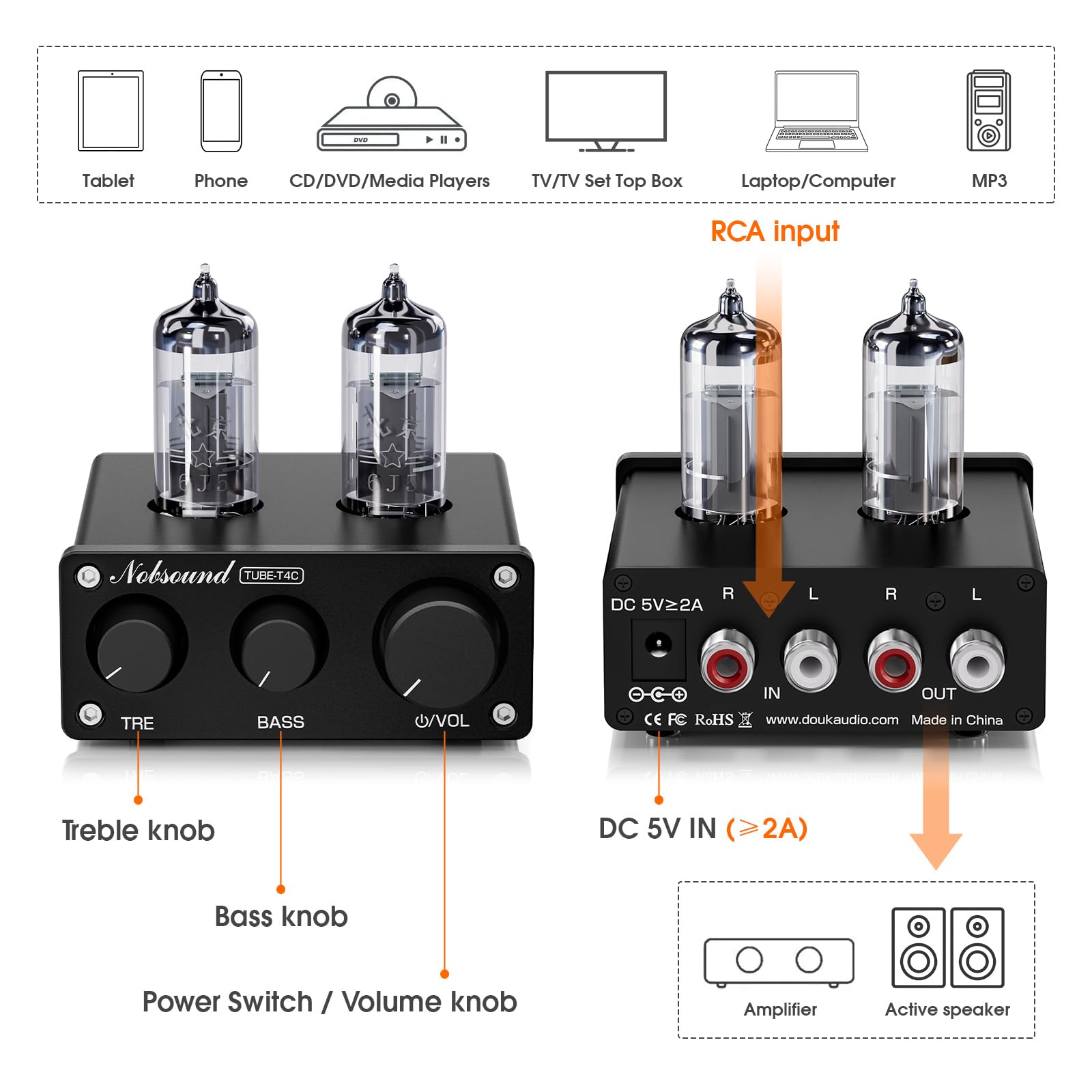 Nobsound Mini Lampowy Przedwzmacniacz HiFi: Stereofoniczny Przedwzmacniacz Audio Klasy A z Regulacją Basów i Wysokich Tonów do Domowych Wzmacniaczy, Aktywnych Głośników, Biurkowych Systemów Audio