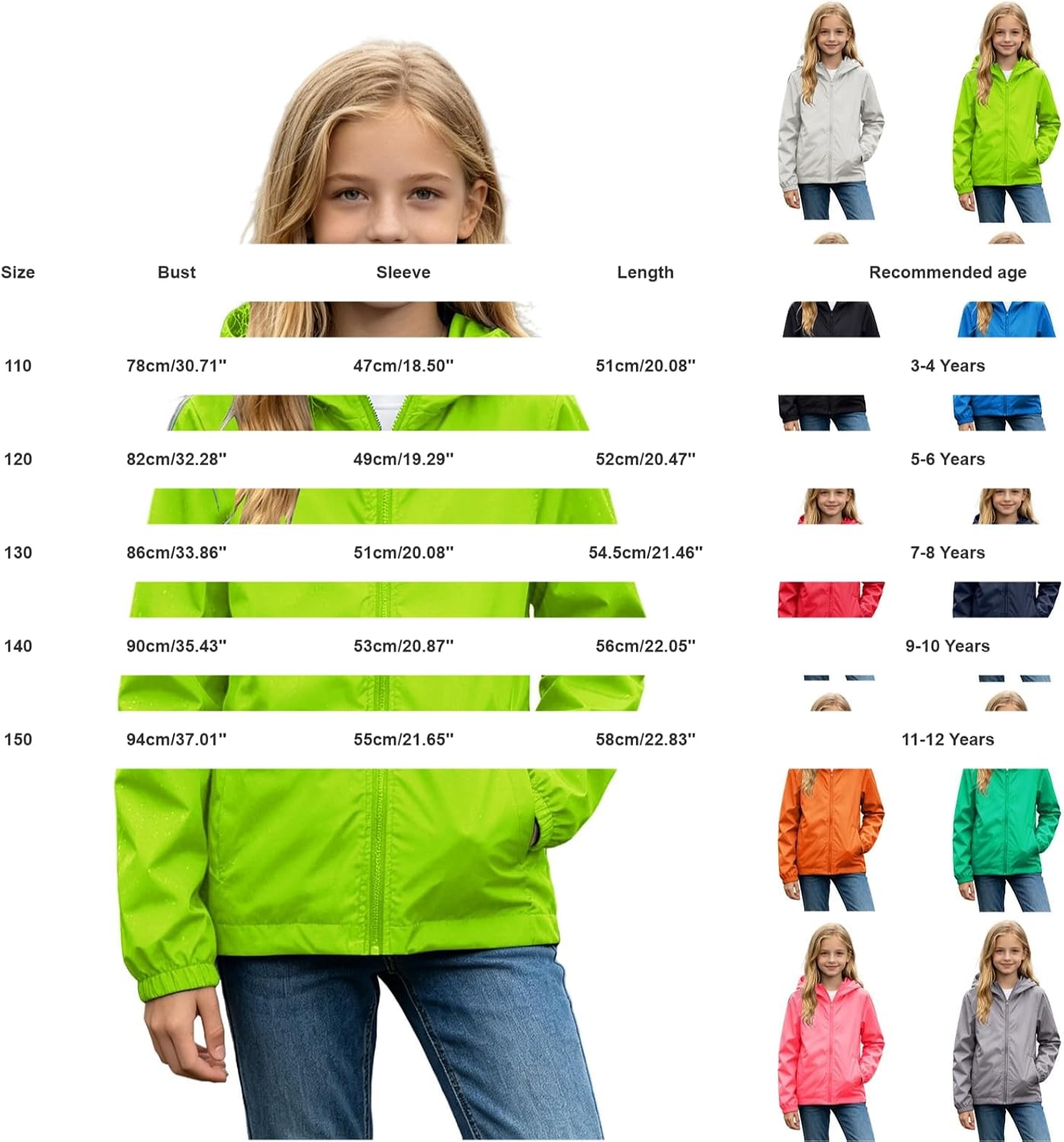 2 Pack Hooded Windbreaker for Boys Girls Waterproof Rain Jacket Full Zip Raincoat Solid Lightweight Hiking Hoodies Outerwear