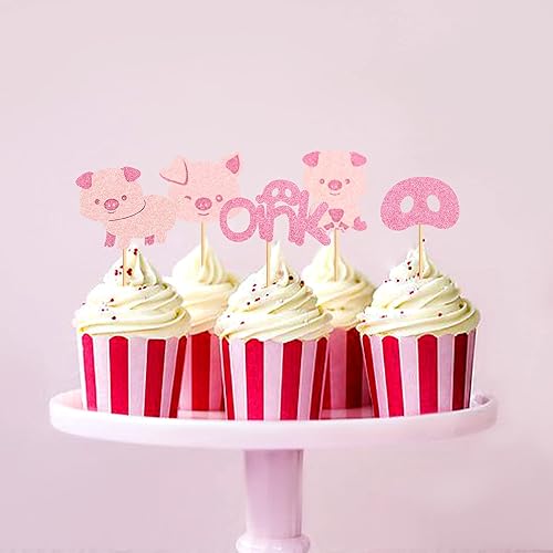 Miniatura 5 de Ercadio Paquete de 25 adornos para cupcakes de cerdo con purpurina rosa, buey para cupcakes, adornos para tartas de cerdo, adornos para cupcakes de