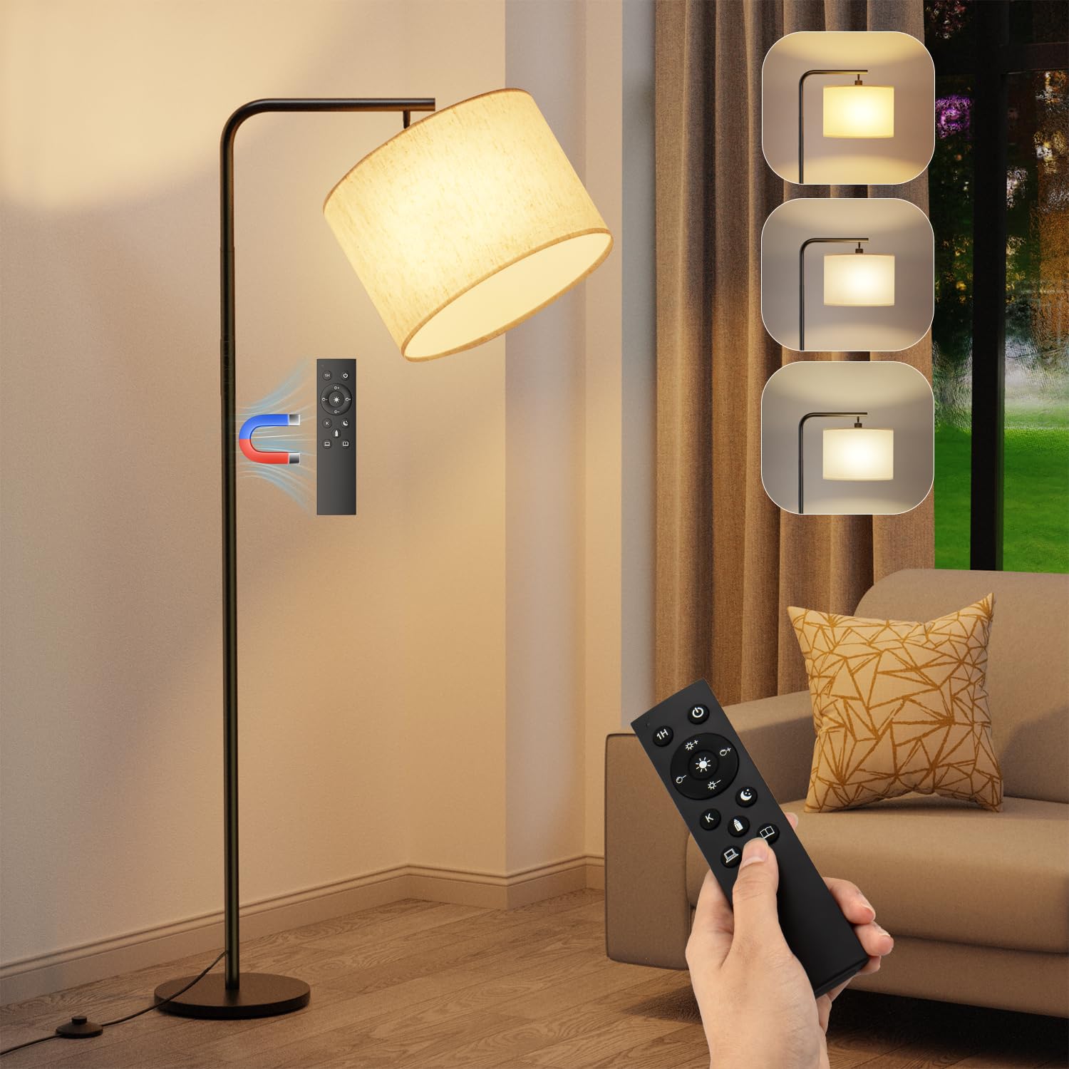 SIBRILLE Led-leeslamp, staande lamp, 9 W, met afstandsbediening en voetschakelaar, 3000 K-6000 K, staande lamp voor woonkamer, slaapkamer, kantoor, hoogte 159 cm, met linnen lampenkap en ledlampen