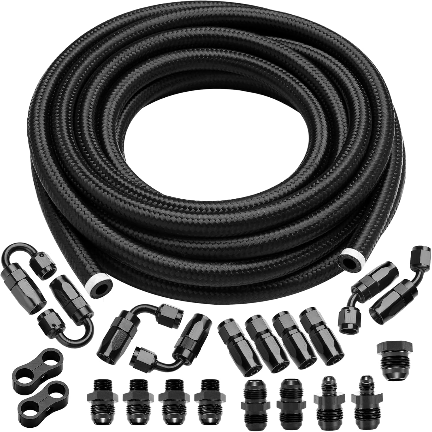 3/8‘’ 6AN 20FT Fuel Line Kit, Nylon Stainless Steel Braided CPE Fuel Line Hose Kit With 23PCS Swivel Hose Fittings Adapter