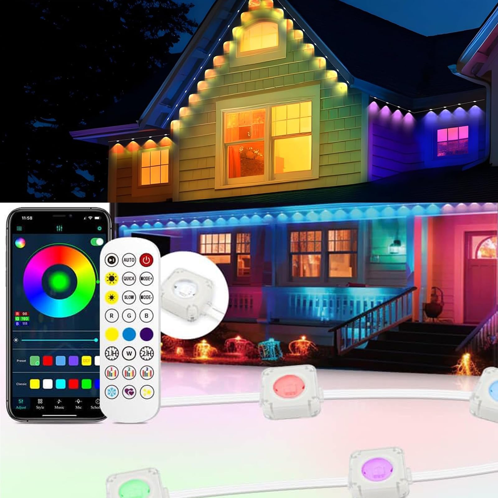 Permanent Outdoor String Lights 150ft, Smart RGB App Control with 90 LEDs, LED Eaves Lights IP67 Waterproof, House Roof Outdoor Lighting for Party, Daily, Halloween, Christmas,Garden