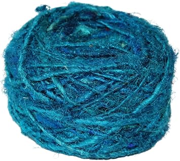 Recycled Sari Silk Yarn - Worsted Yarn - Aqua Blue 60 Yards, 100 Grams, 1 Gum Ball