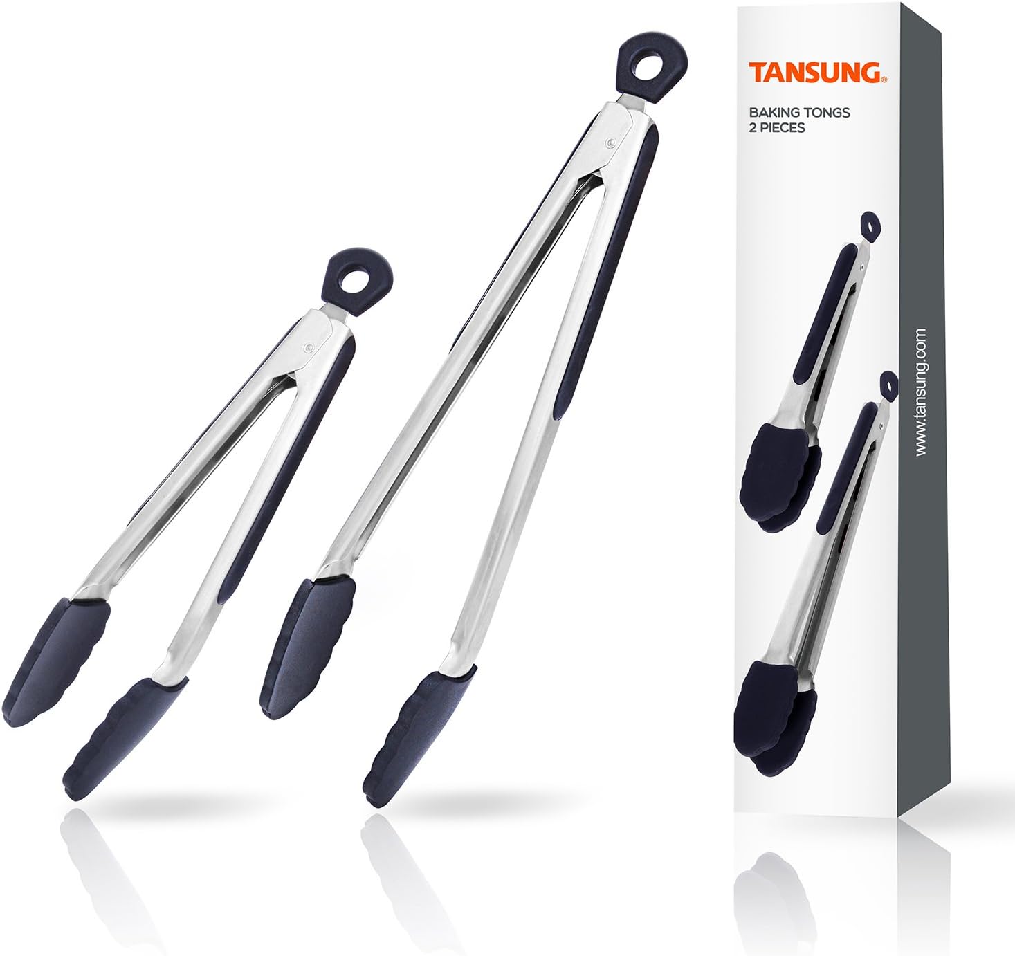 TANSUNG Kitchen Cooking Tongs, Set of 2 (9 and 12 Inch), Stainless Steel Tongs with Non-stick Silicone Tips for BBQ, Cooking, Salad, Grilling, Indoor and Outdoor Use (Black)