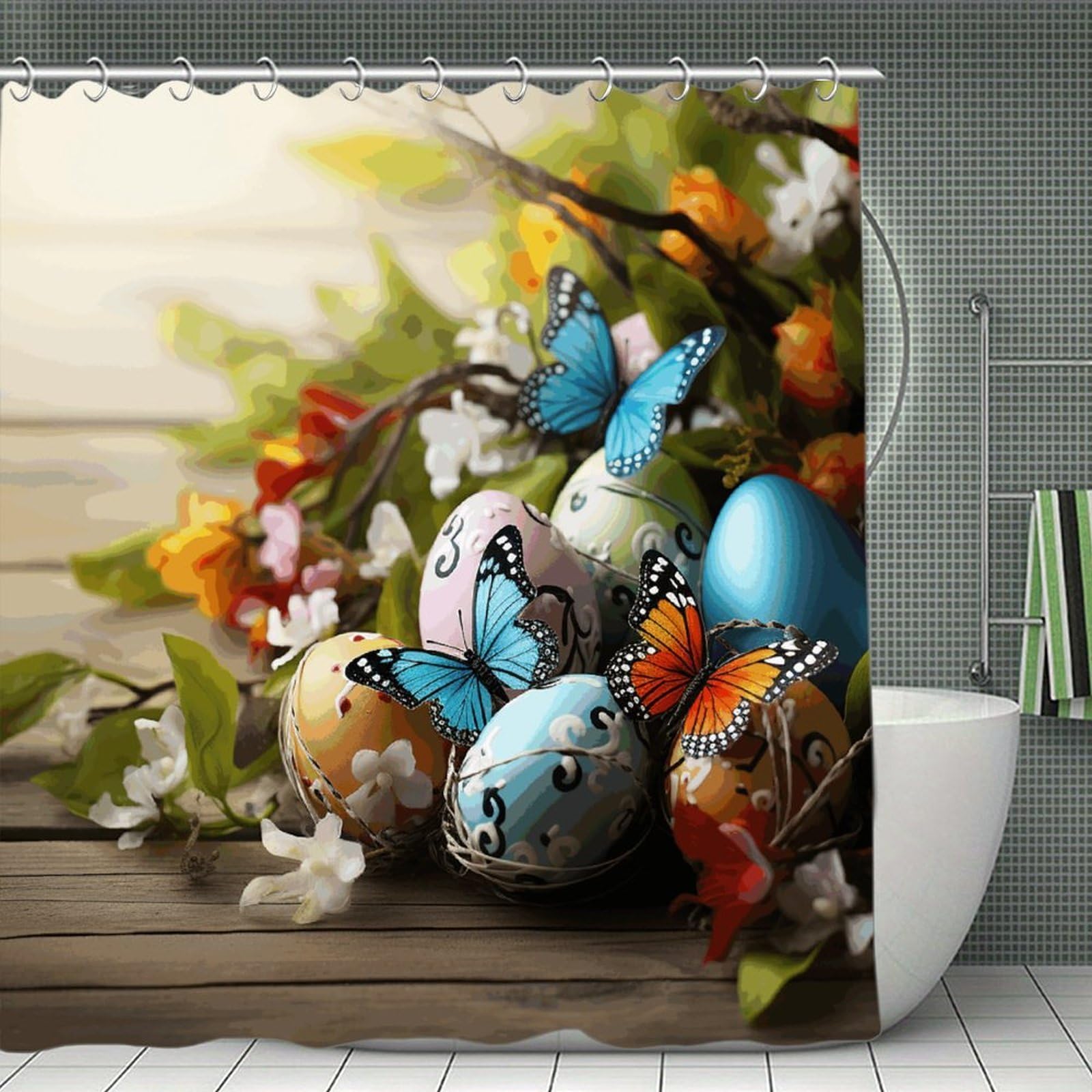 JTREHY Easter Eggs with Butterfly Shower Curtain Waterproof Bathroom Shower Curtain Machine Washable Bath Curtains Polyester Cloth Bath Curtains for Bathroom Showers 70.8×70.8Inch