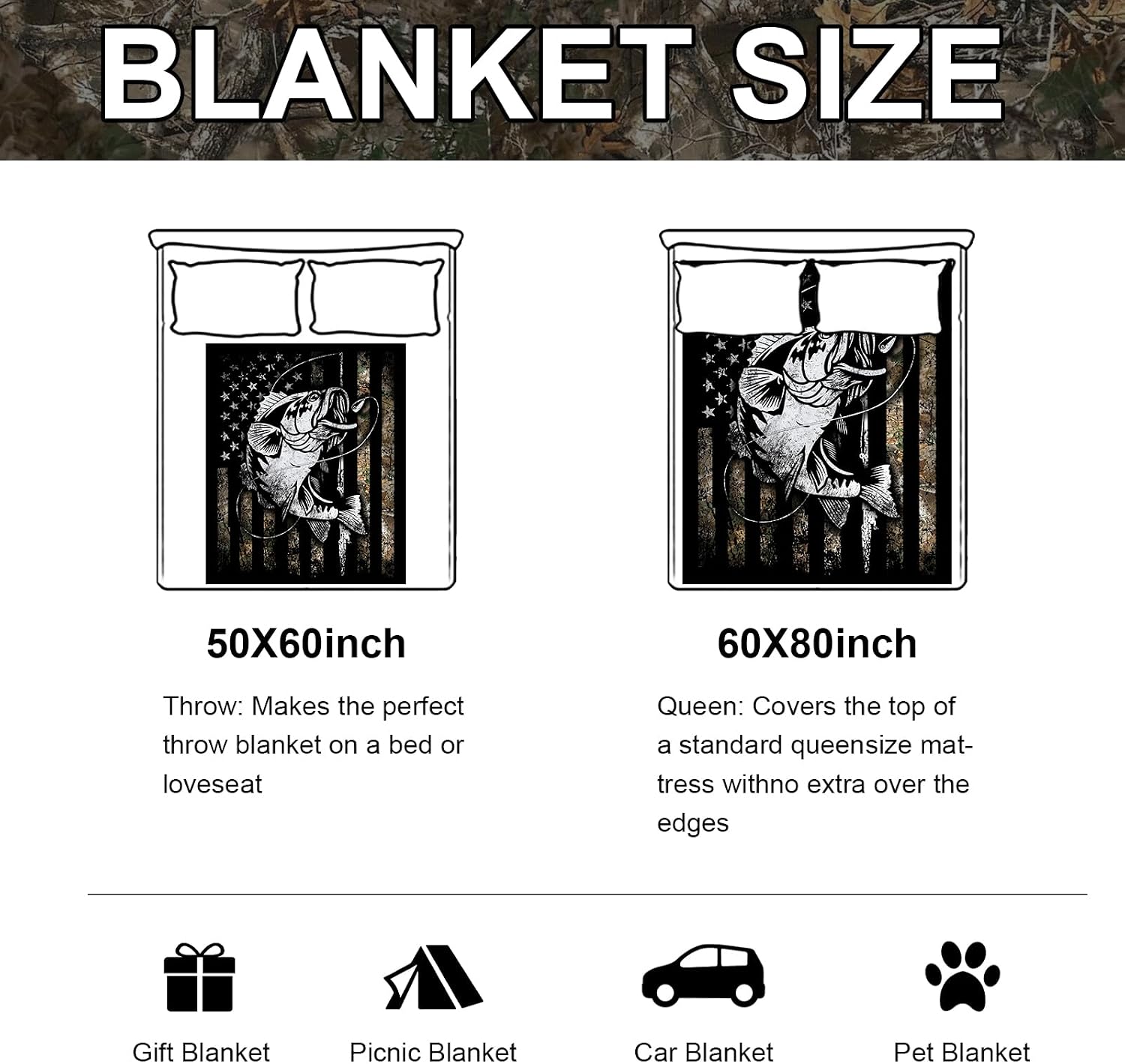Camo Fish Blanket for Men, Gift for Fishing Lovers image 2