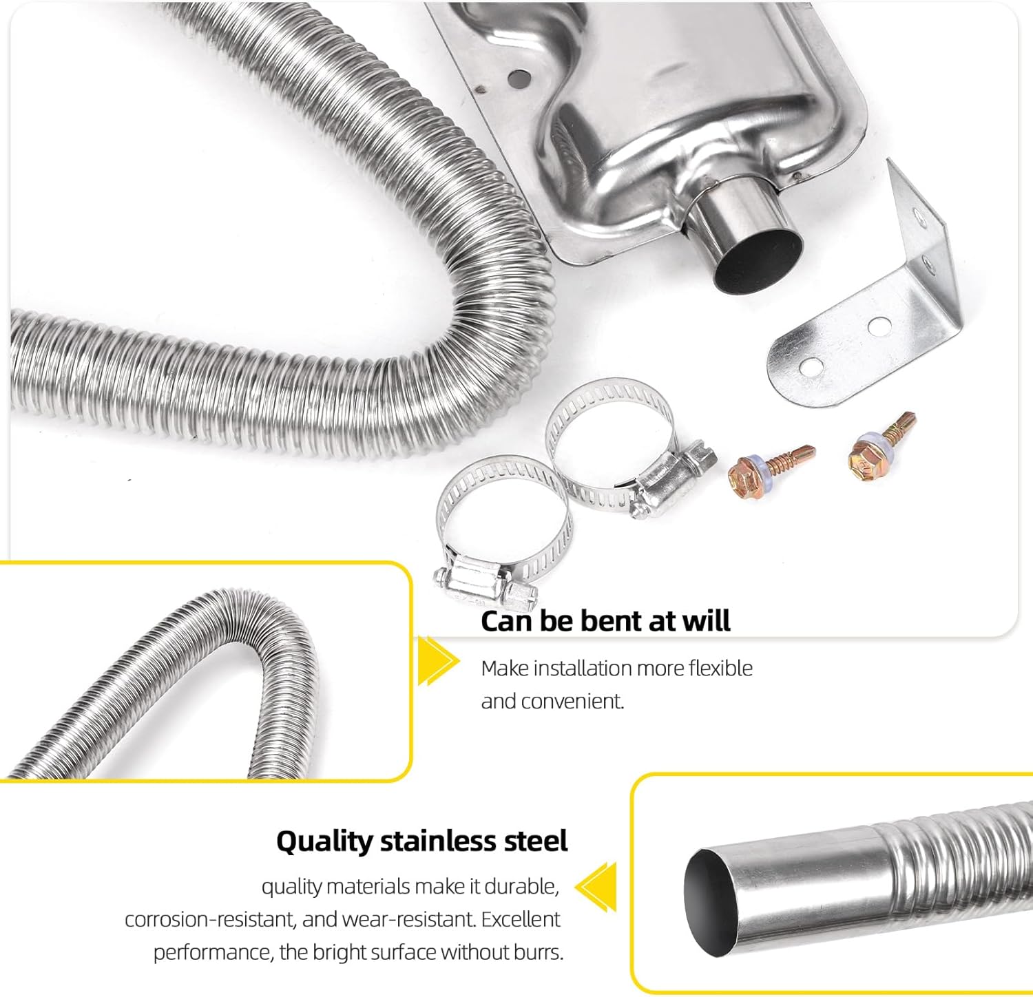 2.5CM/1” Parking Air Heater Exhaust Pipe Stainless Steel Exhaust Pipe Flexible Exhaust Tubing with Muffler, Diesel Heater Exhaust Pipe Tube for Vehicles (120cm)