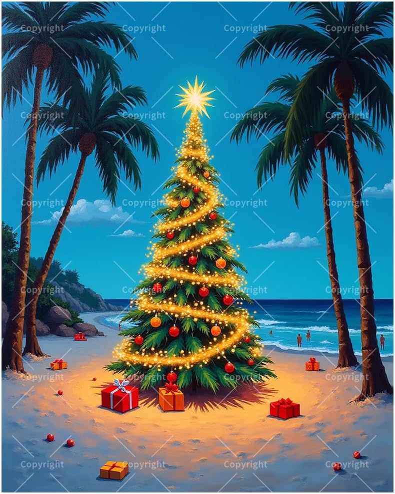 Christmas Paint by Numbers Kit for Adults - DIY Beach Tree with Palm Trees Painting on Canvas 16x20In, Framed Acrylic Paint Set for Beginners, Tropical Holiday Art for Home Decoration or Gifts