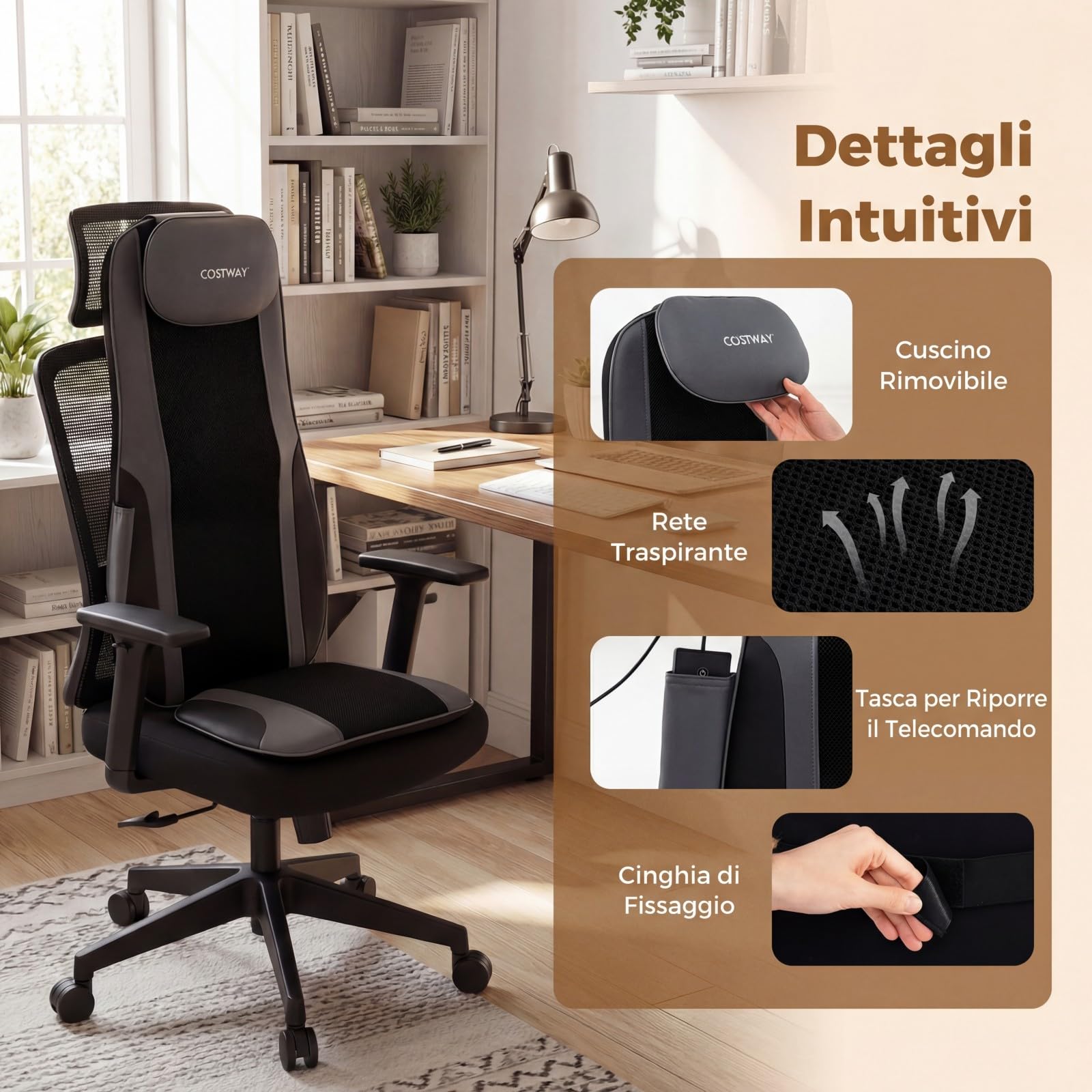 COSTWAY Sedile Massaggiatore per Schiena con Calore, Cuscino Massaggiante Shiatsu per Poltrona con 4 Nodi Impastanti a Rotazione e 2 Motori Vibranti, Massaggiatore 3D per Collo e Schiena