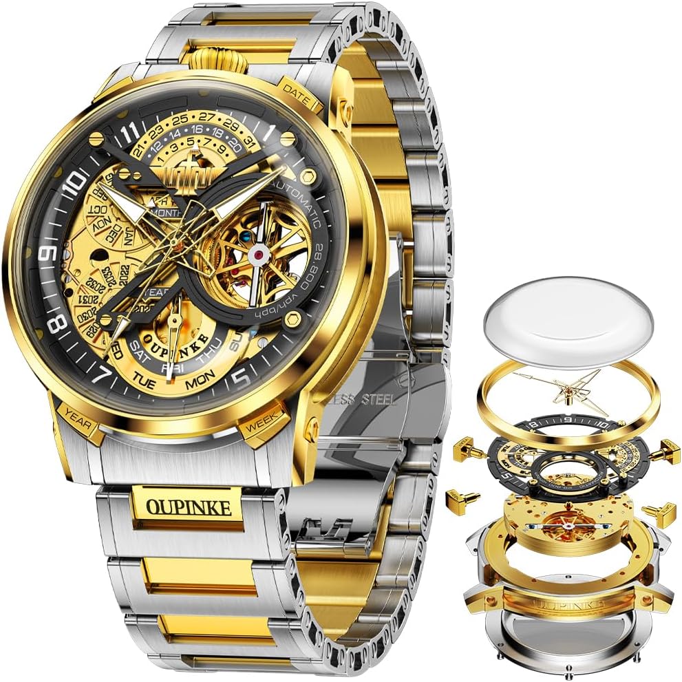 OLEVS GELATU Mens Watch Automatic Tourbillon Wristwatch Skeleton Mechanical Self Winding 50M Waterproof Sapphire Crystal Square Male Watches Yellow/White/Black/Green