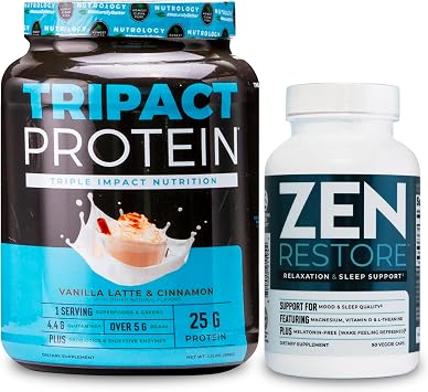 Nutrology TRIPACT Protein Powder, 7-in-1 Meal Replacement Shake, Vanilla Latte Cinnamon Flavor 20 Servings Zen Natural Magnesium Supplement 30 Servings