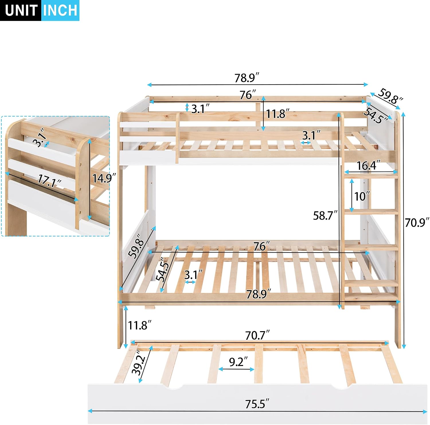 Bellemave Full Over Full Bunk Bed with Trundle and Storage Shelf, Wood Full Size Bunk Bed Frame with Ladder for Kids Boys Girls Teens, White with Natural