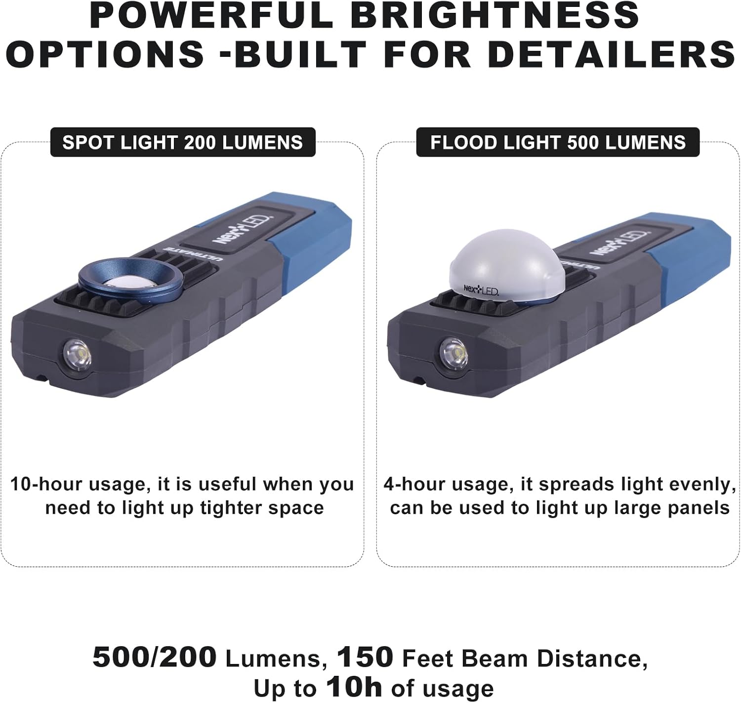 NextLED Ultimate NT-6692M Professional Rechargeable Auto Detailing Light, CRI 96+ Color Match & Paint Correction Light, 5 Color Temps, 500 Lumens, W/Light Diffuser, IPX6, 3-Year Warranty