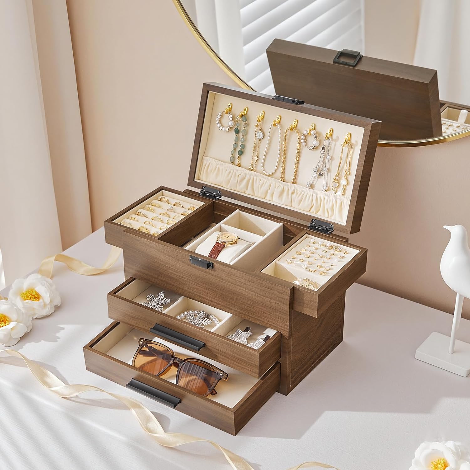 HOOBRO Wooden Jewelry Box for Women Girls, 4-Layer Jewelry Organizer with Vertical Necklace Storage, Large Jewelry Holder Organizer for Earrings, Rings, Bracelets, Walnut BH23JB04